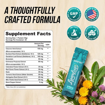 YESNAP Lymphatic Drainage Support – 12-In-1 Herbal Blend with Cleavers, Burdock Root, Dandelion & Echinacea, Debloat & Detox Drink, Sugar Free, Orange Mango, 30 Stick Packs