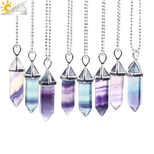 CSJA Fluorite Crystals Necklaces Pendants Suspension Quartz Natural Gem Stone Necklace for Women Hexagonal Reiki Healing G954