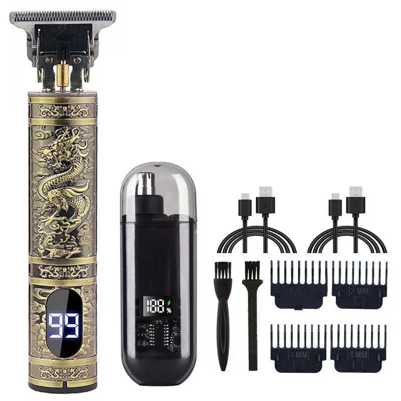T9 Vintage Men's Electric Hair Clipper Beard Trimmer/Rechargeable Hair Cutting Machine With Nose Hair Trimmer Kit Boyfriend Gift
