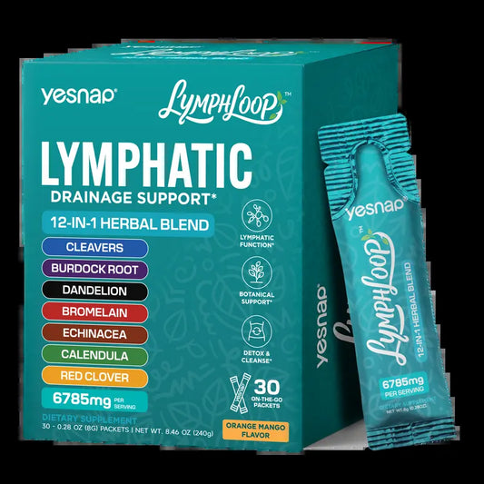 YESNAP Lymphatic Drainage Support – 12-In-1 Herbal Blend with Cleavers, Burdock Root, Dandelion & Echinacea, Debloat & Detox Drink, Sugar Free, Orange Mango, 30 Stick Packs