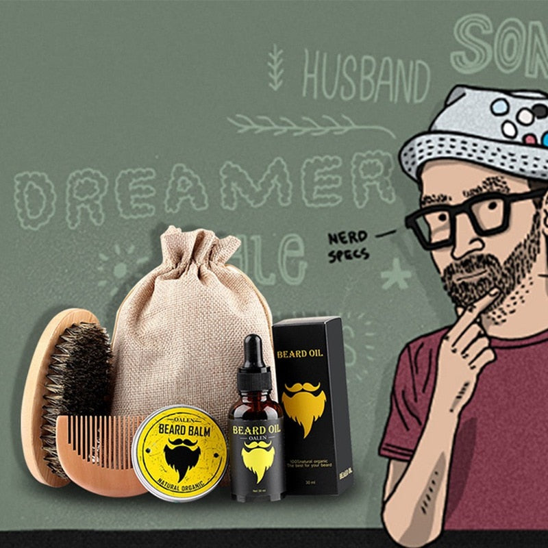Beard Care Kit with Balm, Oil, Comb & Brush