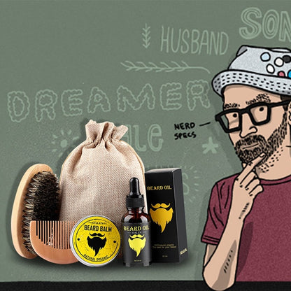 Beard Care Kit with Balm, Oil, Comb & Brush